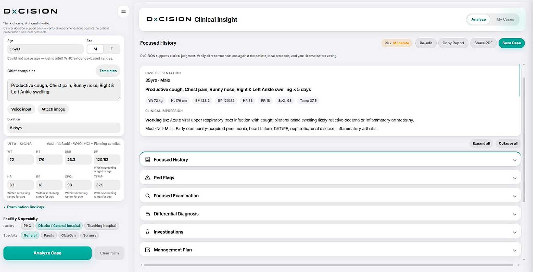 DxCISION workspace with case intake, Risk Moderate acuity, and clinical impression for a 35-year-old male with productive cough.