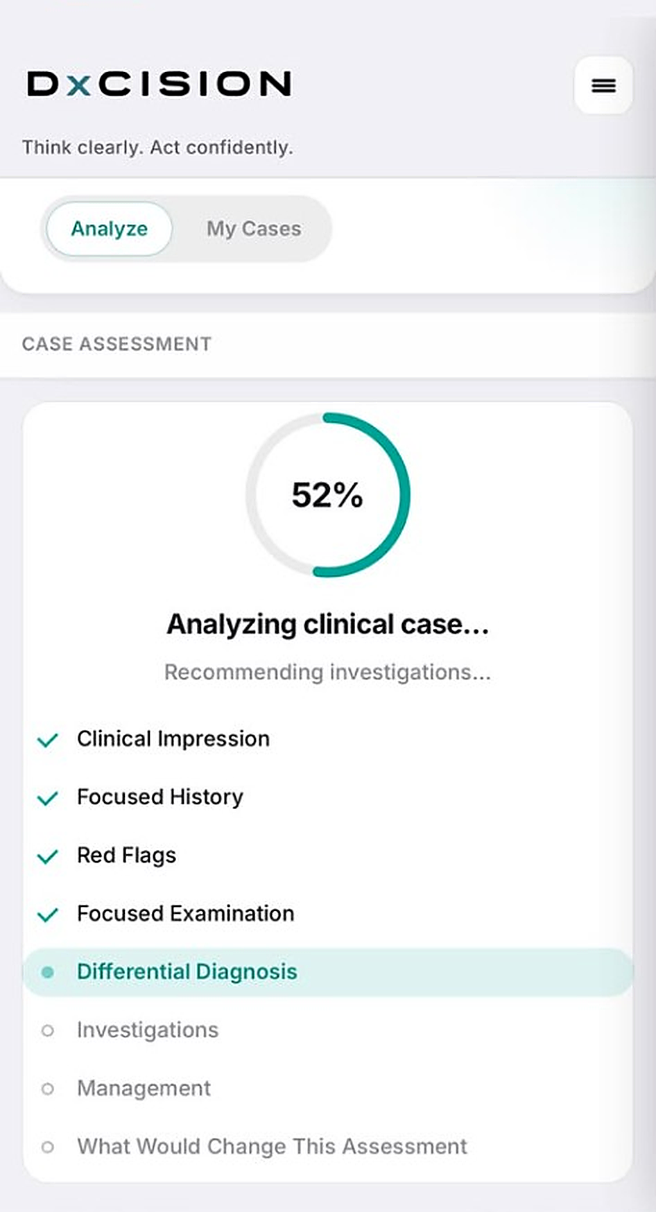 DxCISION mobile workspace — structured assessment building with progress indicator.