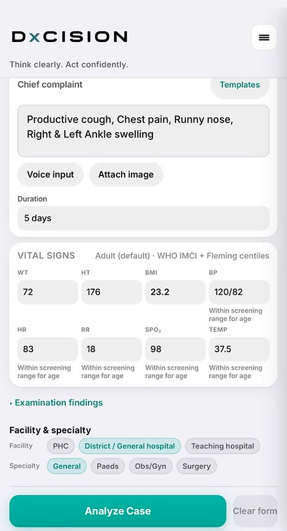 DxCISION mobile workspace — filled intake with vitals and Analyze Case.