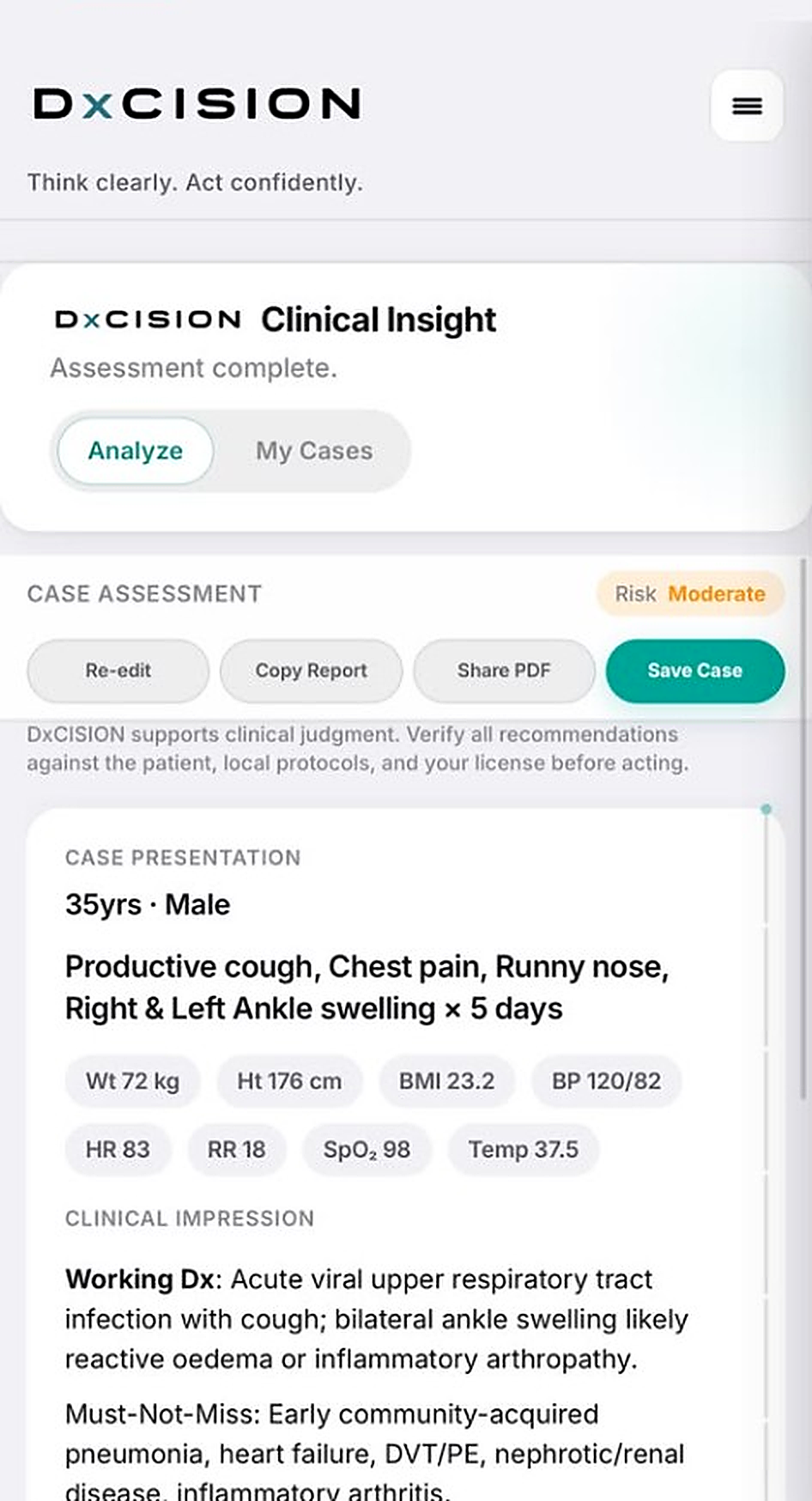 DxCISION mobile workspace — assessment complete with clinical impression.
