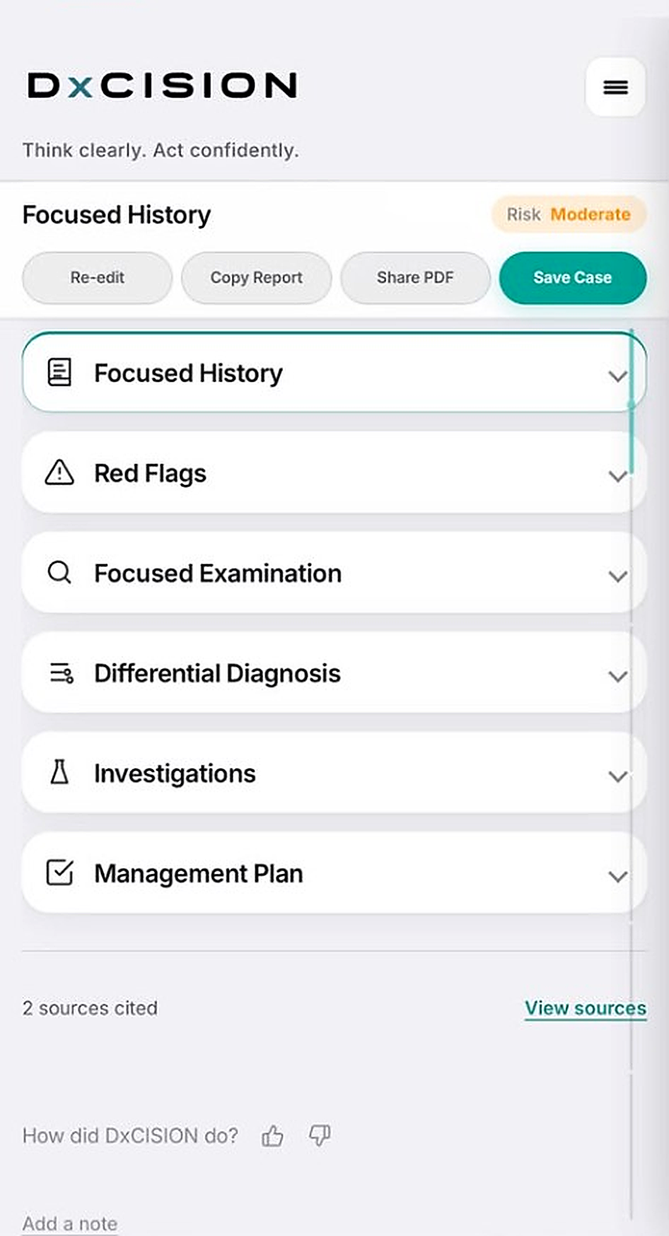DxCISION mobile workspace — collapsed assessment sections including impression, red flags, investigations, and management.